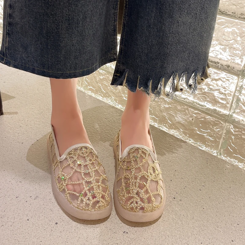 Sequins Embroidered Mesh Loafers Women Luxury Floral Lace Moccasins Ladies  Summer Clear Sole Slip-on Sneakers Casual Flat Shoes