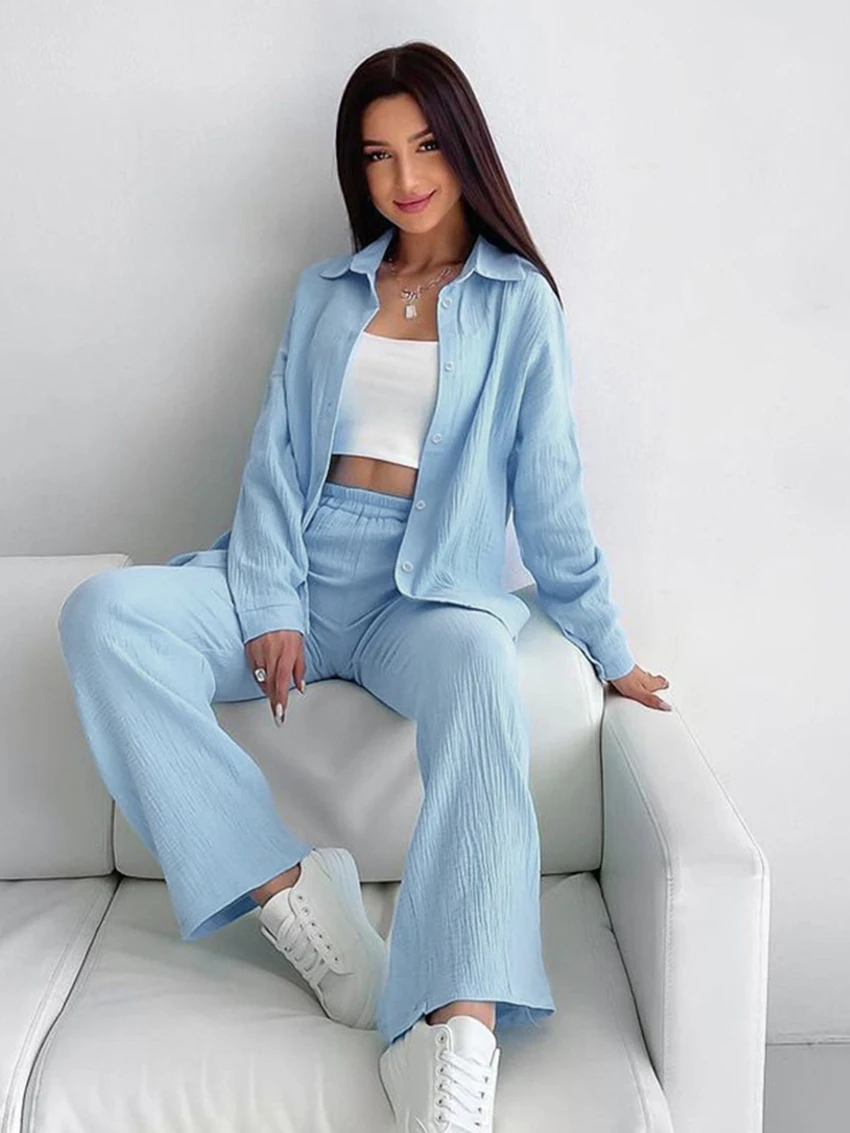 Marthaqiqi Blue Cotton Women'S Pajamas Sets Long Sleeve Sleepwear Turn-Down Collar Nightwear Wide Leg Pants Femme Pyjamas Suits
