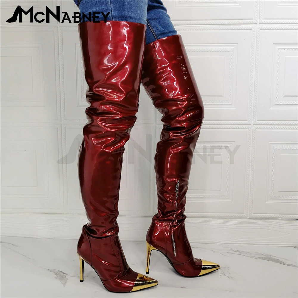 Burgundy Boots Pointed Toe Stiletto Knee Boots Gold and Red Mixed Colour Knee Boots Metallic Heels Large Size Winter Shoes Sale