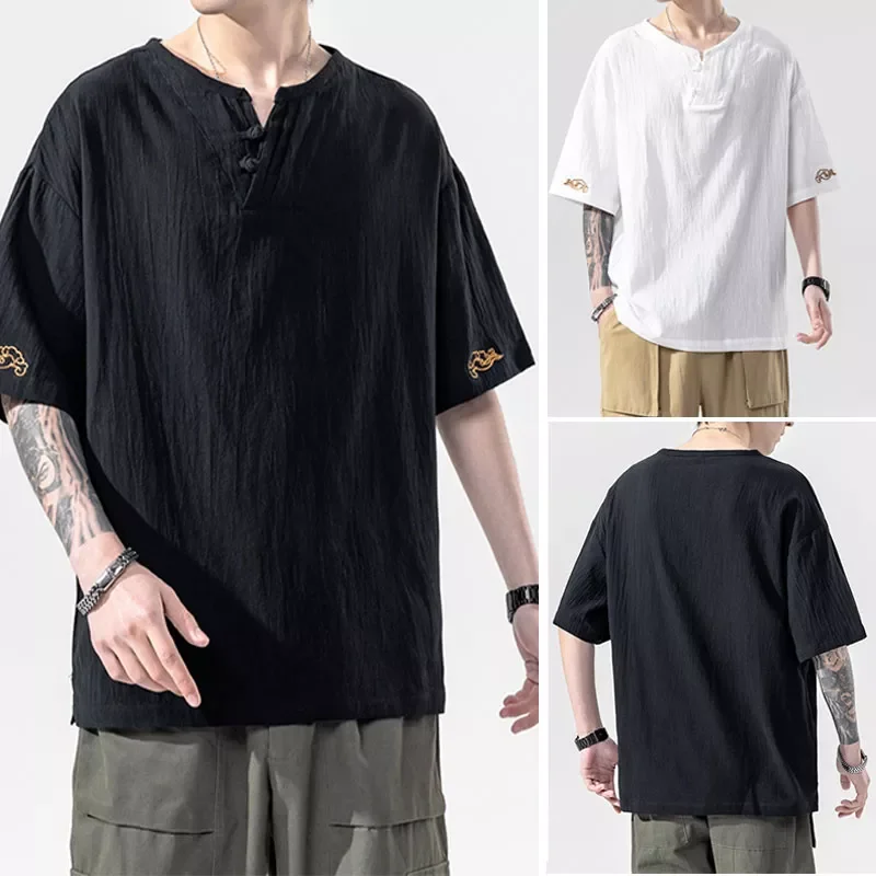 

2022 Summer Men's Short-sleeved T-shirt Japanese Loose and Refreshing Breathable Solid Color V-neck Shirt Casual Top T-shirt