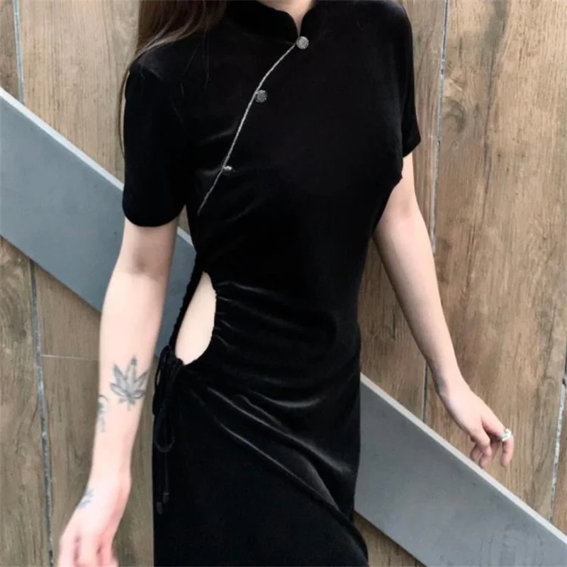 

New long velvet girl cheongsam dress spring summer retro hollowed out slim long party dress