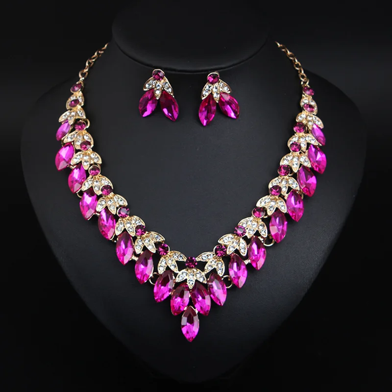 

European and American Exaggerated Crystal Gem Necklace Earrings Set Dress Wedding Dress Banquet Elegance Jewelry for Women Gift