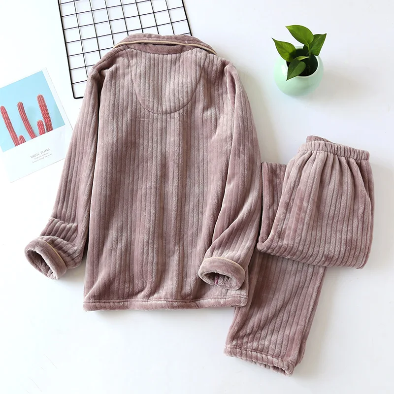 Women's Winter Fleece Pajama Set Turn Down Collar Ladies Homesuit Solid Long Sleeve Single Breasted Sleepwear For Female