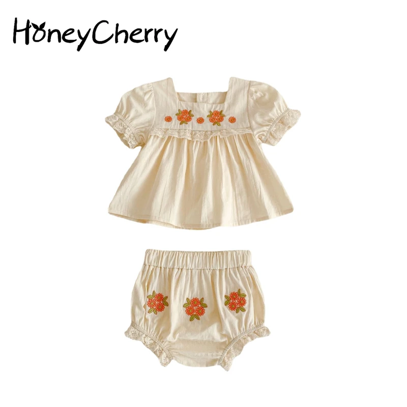 

HoneyCherry Summer Baby Embroidered Short Sleeve Top + Flower Bread Shorts Baby Girl 2 Piece Set Baby Girl Clothes