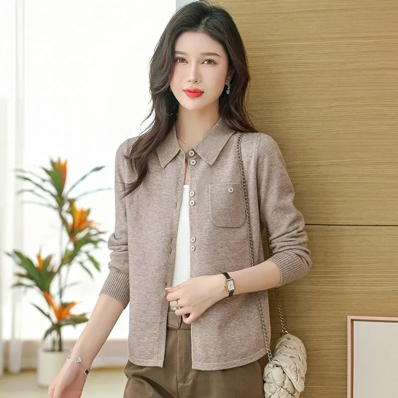 Осень-зима 2024 удобный Модный женский вязаный кардиган с воротником-поло свитер