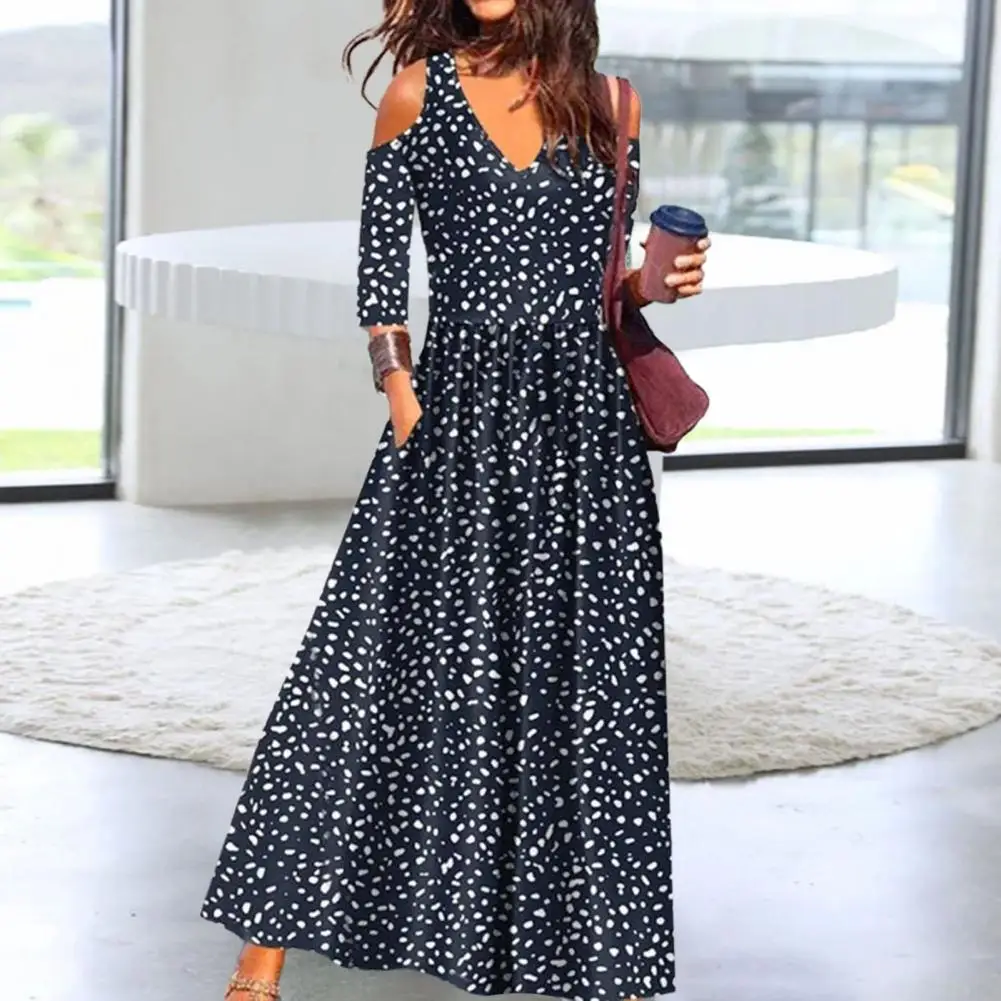 

Spring Autumn Floral Print Long Dress Women Sexy Deep V-Neck Cold Shoulder Half Sleeve Maxi Dress Waist Tight A-Line Beach