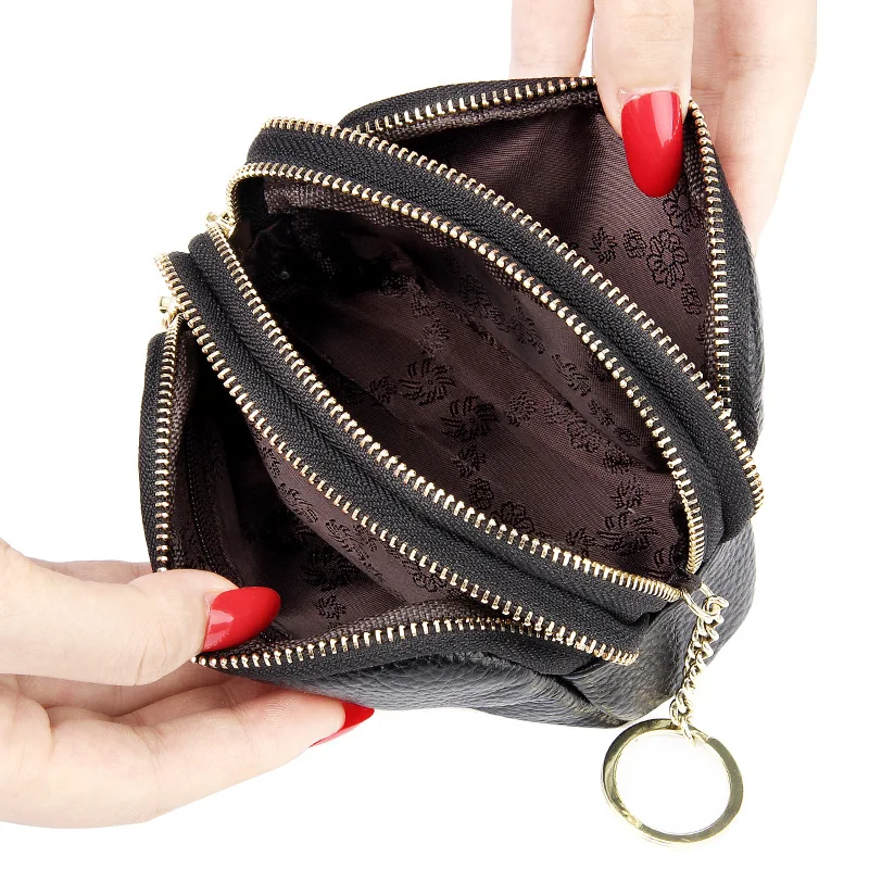 2023Top layer cowhide simple fashion mini clutch three zipper keys coin purse genuine leather