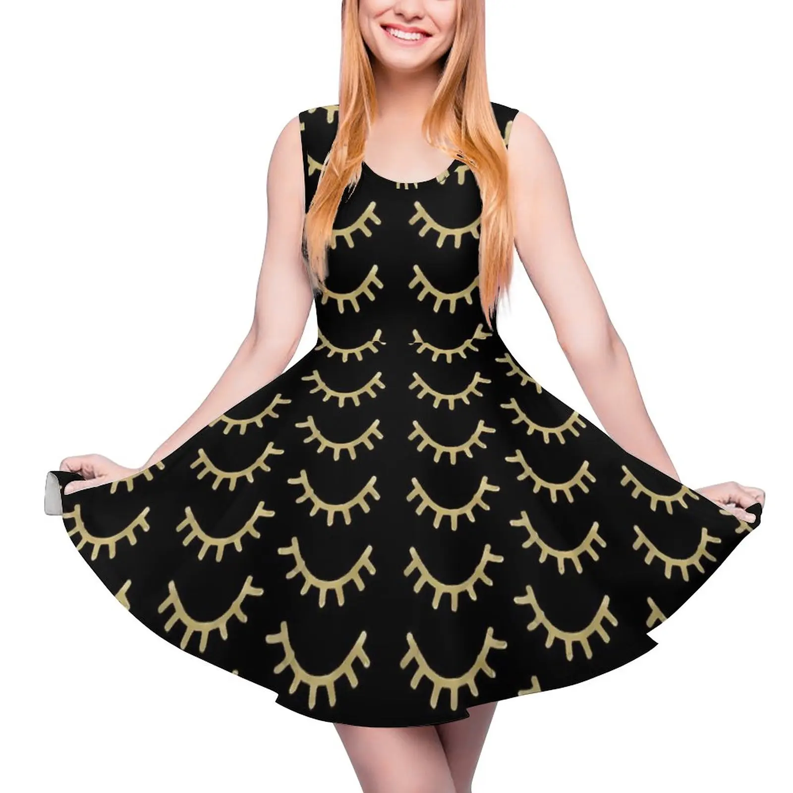 

Gold Eyelashes Dress Sleepy Eyes Print Modern Dresses High Waist Casual Skate Dress Womens Custom Clothing Birthday Present