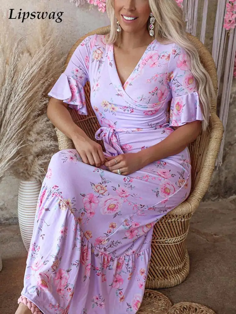 

Summer Elegant Floral Printing Ruffle Sleeve Dress Women Fashion Slim High Waist Long Dress Female Casual V Neck Office Dresses