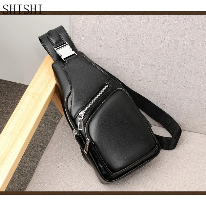 PU Leather Casual Business Chest Bag Fashion Men's Outdoor Travel USB Charging Pack Travel Bag Crossbody Shoulder Bag