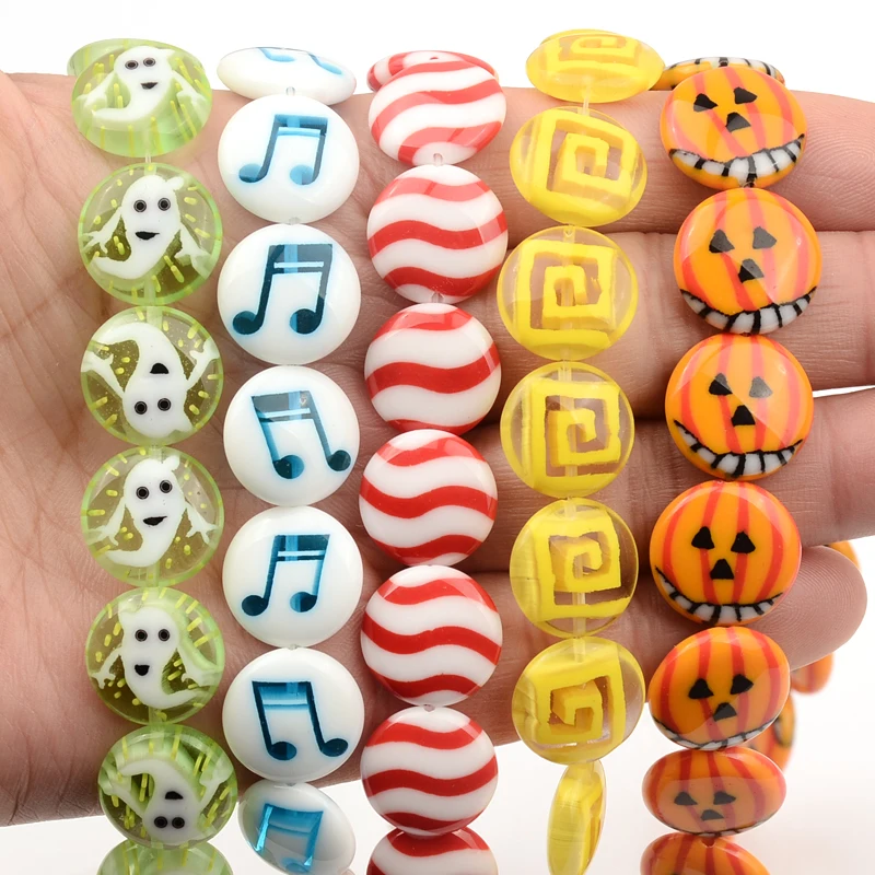 

14mm Charm Pattern Flat Round Beads Lampwork Glazed Glass Beads For Jewelry Making Bracelet Earrings Accessories DIY