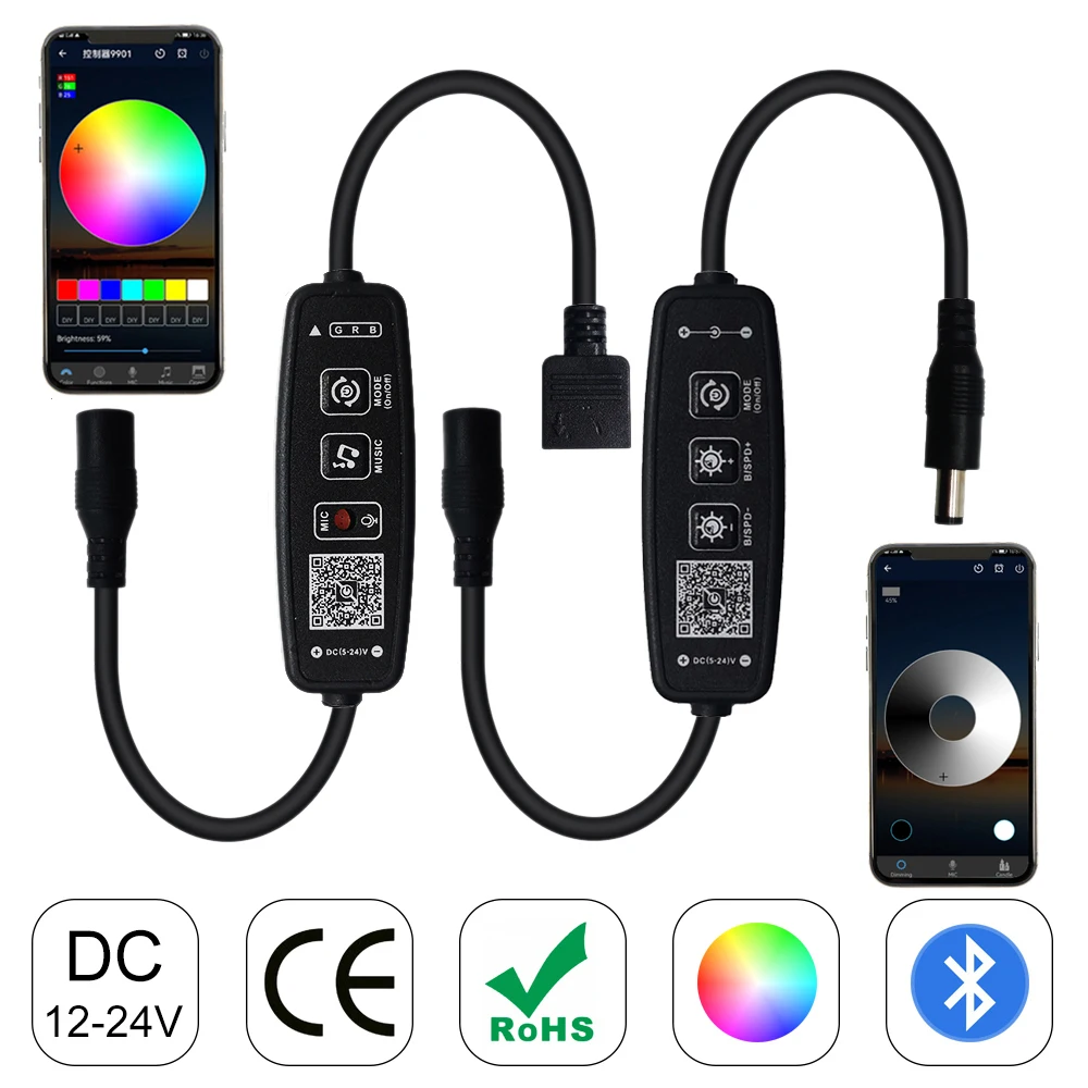 

DC5-24V 2Key Mini With Bluetooth Music Button/Phone APP Controller For 4Pin 5050 RGB Or 3Pin Individually Addressable Led Strip