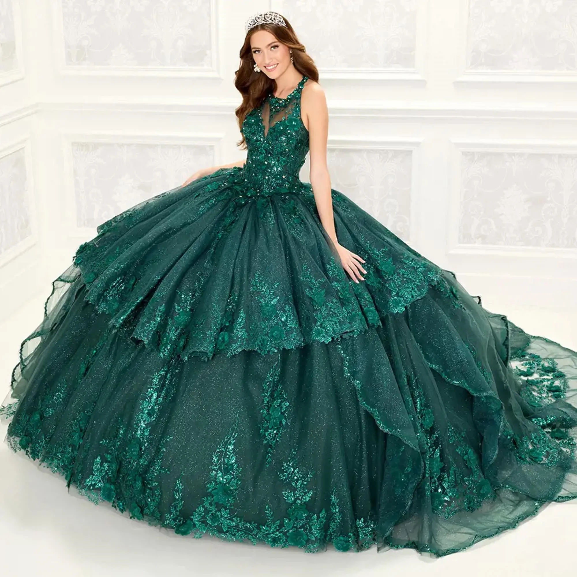 

Green Quinceanera Dresses Ball Gown Scoop Tulle Appliques Puffy Mexican Sweet 16 Dresses Charro 15 Anos