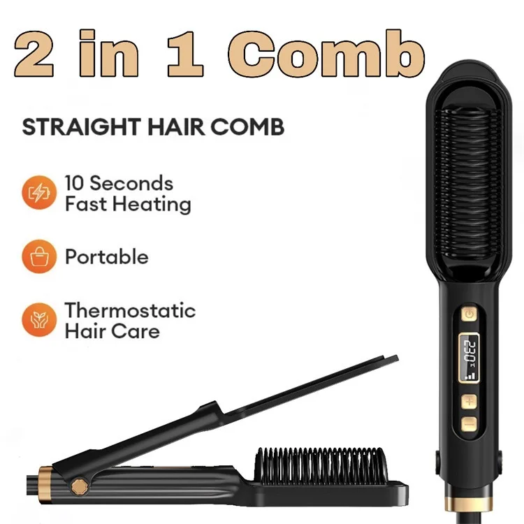

Flat Hair Comb 2-in-1 Hair Straightening Brush Lazy Straight Hair Curly Hair Straightener Curling Comb with Lcd Display