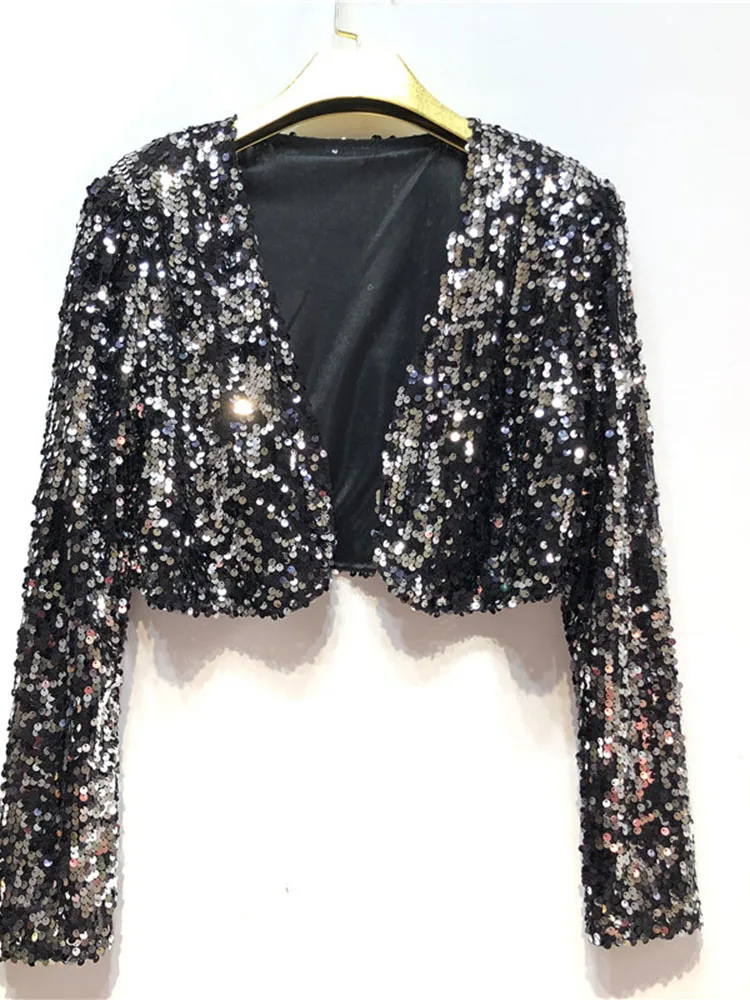 

Женский демисезонный кардиган с блестками, Модный облегающий короткий пикантный маленький жакет с V-образным вырезом, Женский универсальный топ с блестками, GD671, 2022