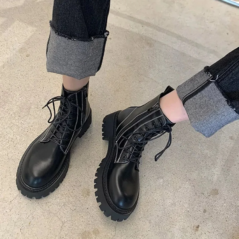 

Lucyever 2022 Black White Platform Ankle Boots Women Side Zipper Sqaure Heels Motorcycle Boots Woman Thick Bottom Lace Up Shoes