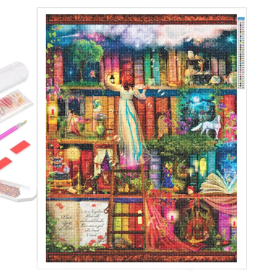Treasure Hunt Bookshelf Diamond Painting 5D Kit Full Diamond Mosaic Crystal Embroidery Rhinestone Pictures Home Decoration Gift