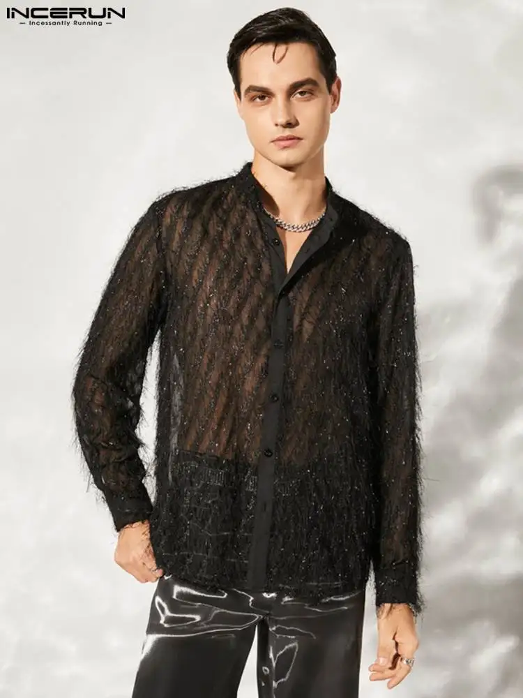 

Модные повседневные стильные топы INCERUN, новинка 2022, Мужская прозрачная искусственная уличная одежда, мужские рубашки на пуговицах с длинным...