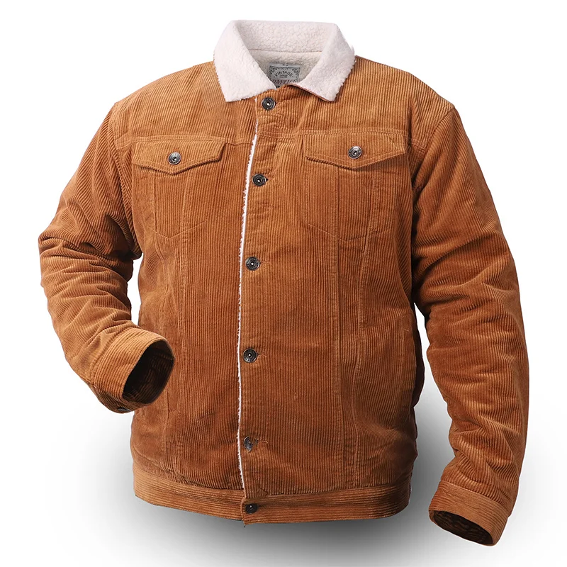 

2023 Winter Sherpa Fur Fleece Lined Vintage Loose Thick Casual Corduroy Trucker Jackets Brown Warm Coat for Men