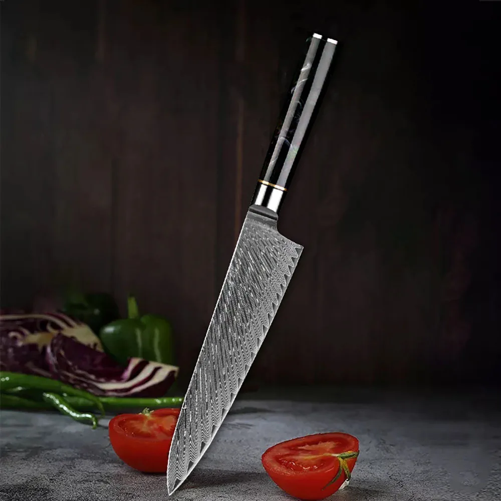 

8 Inch Damascus Knife 10Cr15CoMoV 67 Layers Damascus Steel Sharp Chef Cleaver Sashimi Slicing Sushi Kitchen Knife Resin Handle