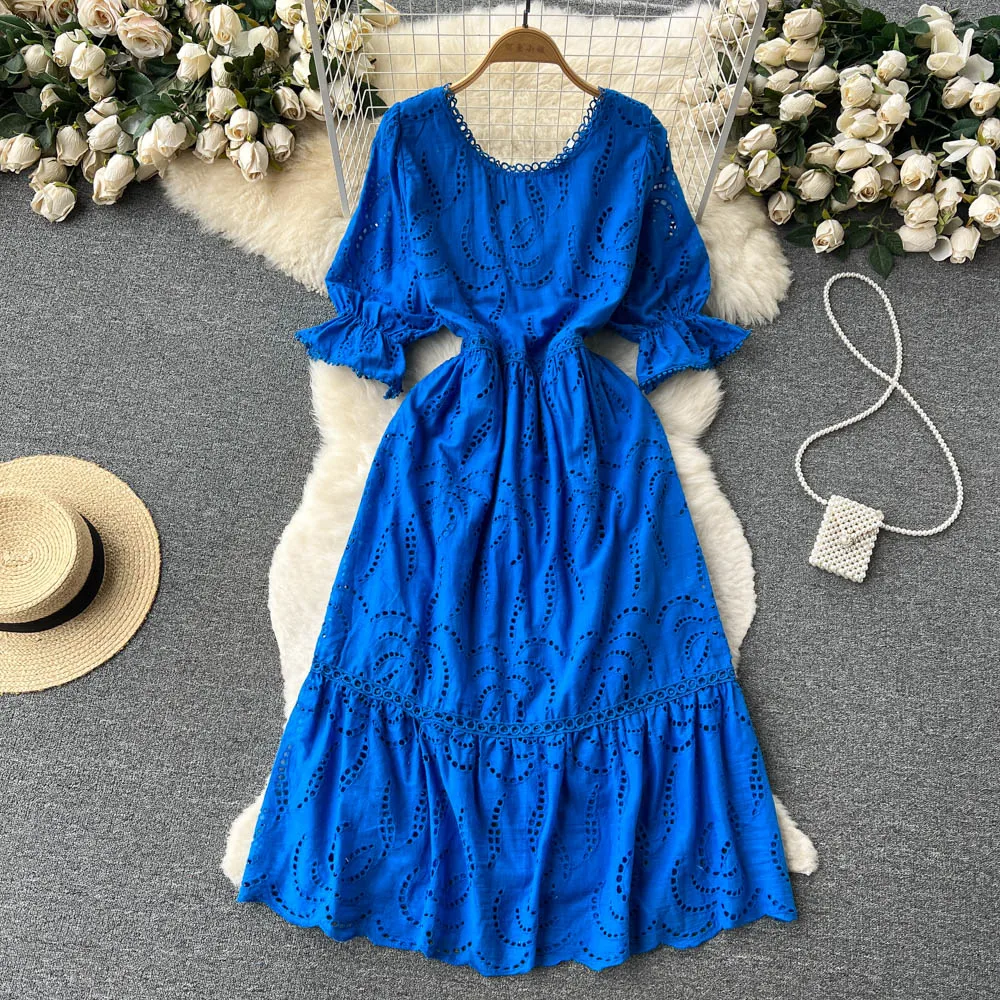 Young Gee Women Hollow Out Design Spring Summer Flare Sleeve Dresses Temperament Knee-length Lace Dress vestidos de verano mujer