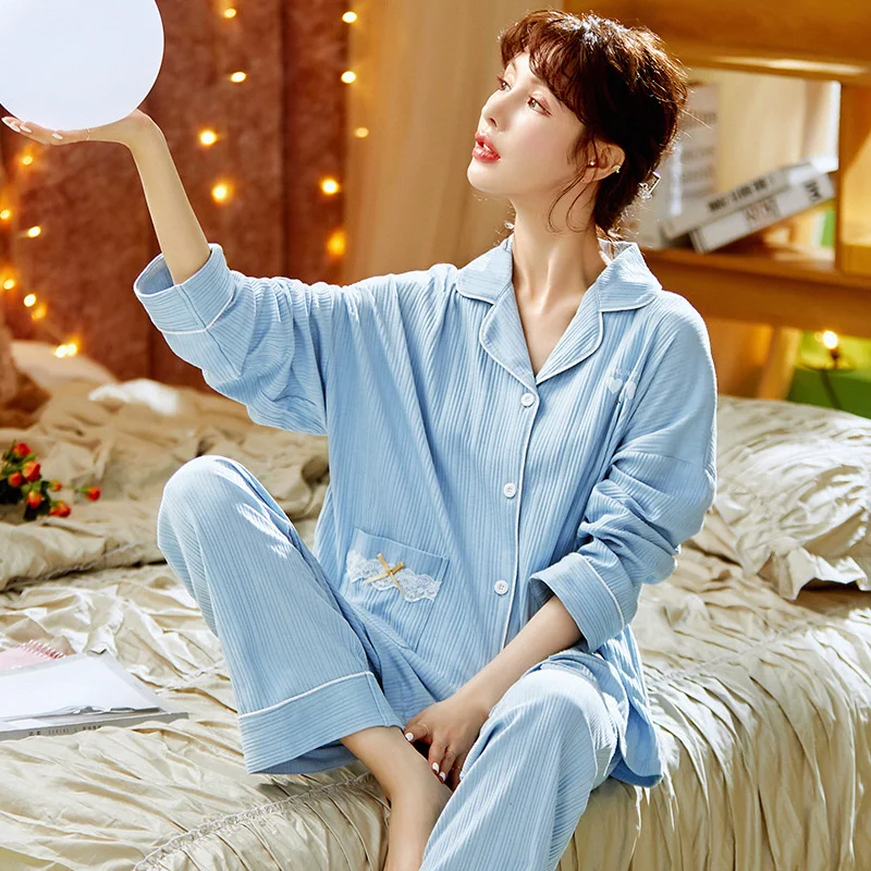 New Spring And Autumn Pajamas Women's Winter Long Sleeved Cotton  Cardigan Lapel Solid Color Simple Wearable Home Suit