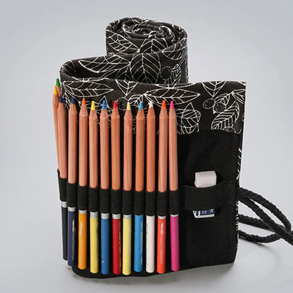

Black White Leaves Printed Pattern Roll Up Paint Brush Canvas Case Wrap Sketching Drawing Pen Bag Pouch 12-24 Holes