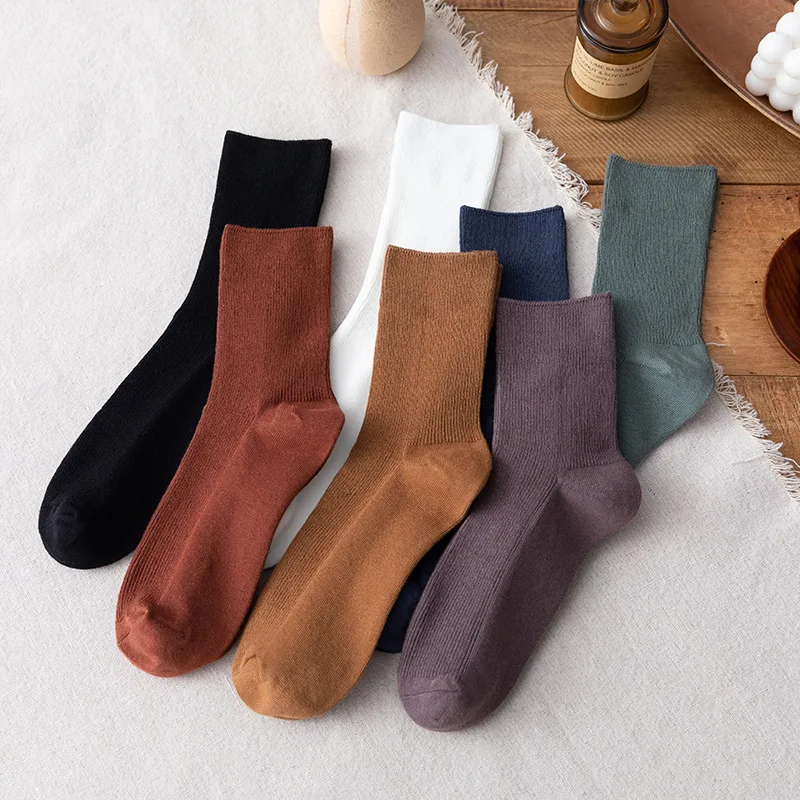

Women socks autumn and winter solid color double needle Japanese socks simple pile socks women breathable cotton socks wholesale