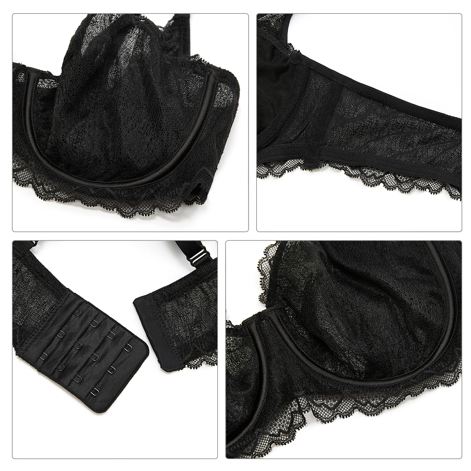 DOBREVA Women's Sexy Balconette Lace Bra See through Minimizer Bras Unlined Underwire Plus Size