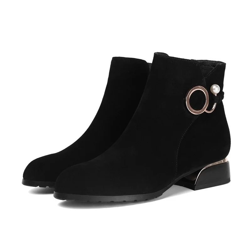Fashion Women Boots Casual Suede Low High Heels Autumn Winter Shoes Woman Pointed Zipper Ankle Boots Black Zapatos Mujer
