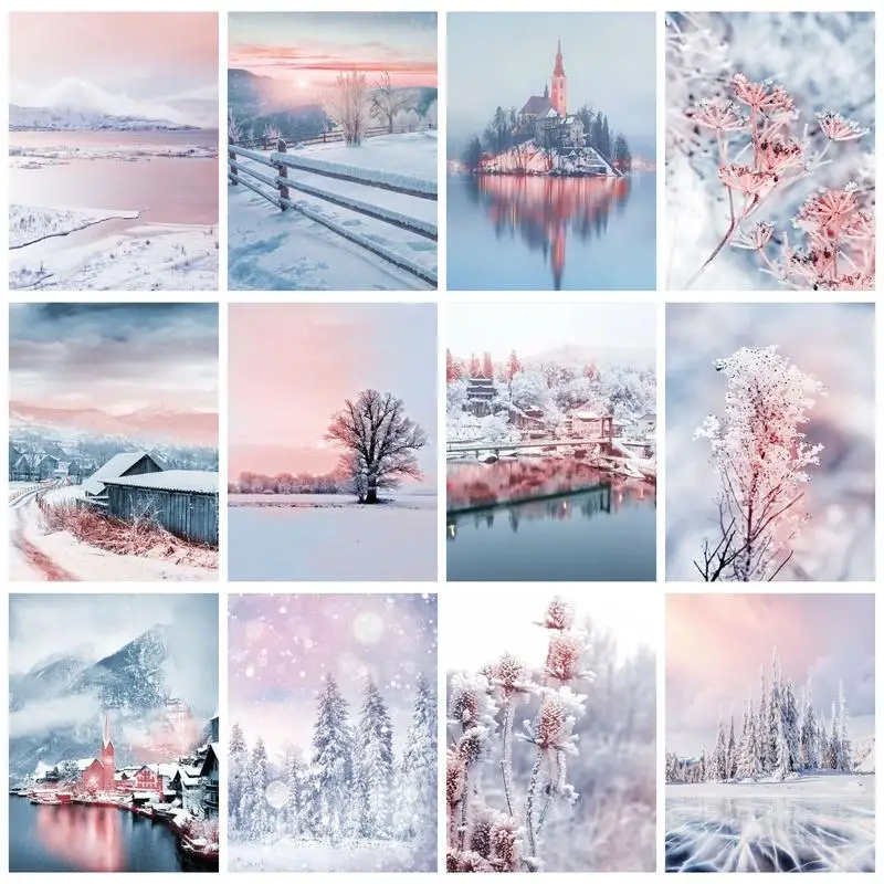 

GATYZTORY Acrylic Painting By Numbers Handicrafts Coloring By Numbers Pink Winter Landscape Wall Decor Gift For Adults Beginners
