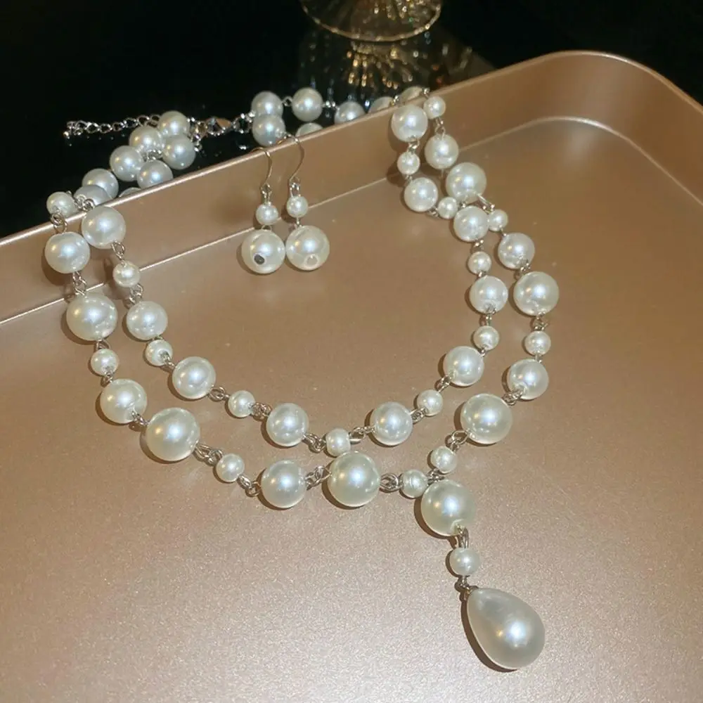 French Double Layer Pearl Necklace Set Elegant Retro Water Drop Ear Hook Exquisite Niche High Sense Collarbone Chain Girl |