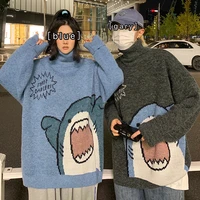 high necked japanese cartoon shark couple knitted sweater autumnwinter ins tide brand loose korean version of harajuku sweater