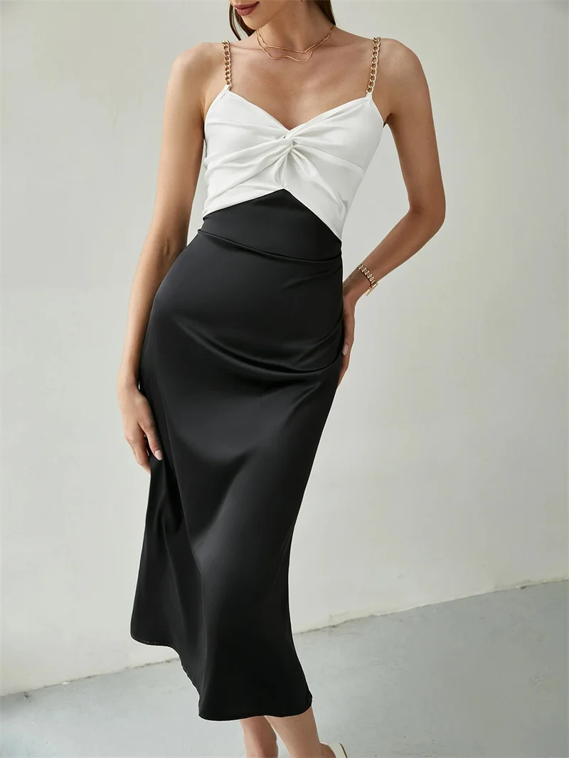 

Женское атласное платье на бретелях-спагетти, длинное облегающее платье контрастных цветов с V-образным вырезом спереди, платье с цепочками...