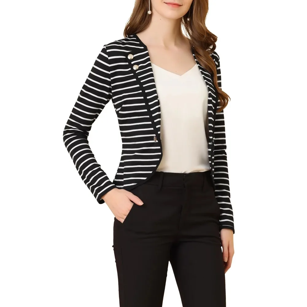 

Woman Clothing Female Women's Striped Notched Lapel Button Decor Blazer Jacket New in External Clothes Coat Blazers Outerwears