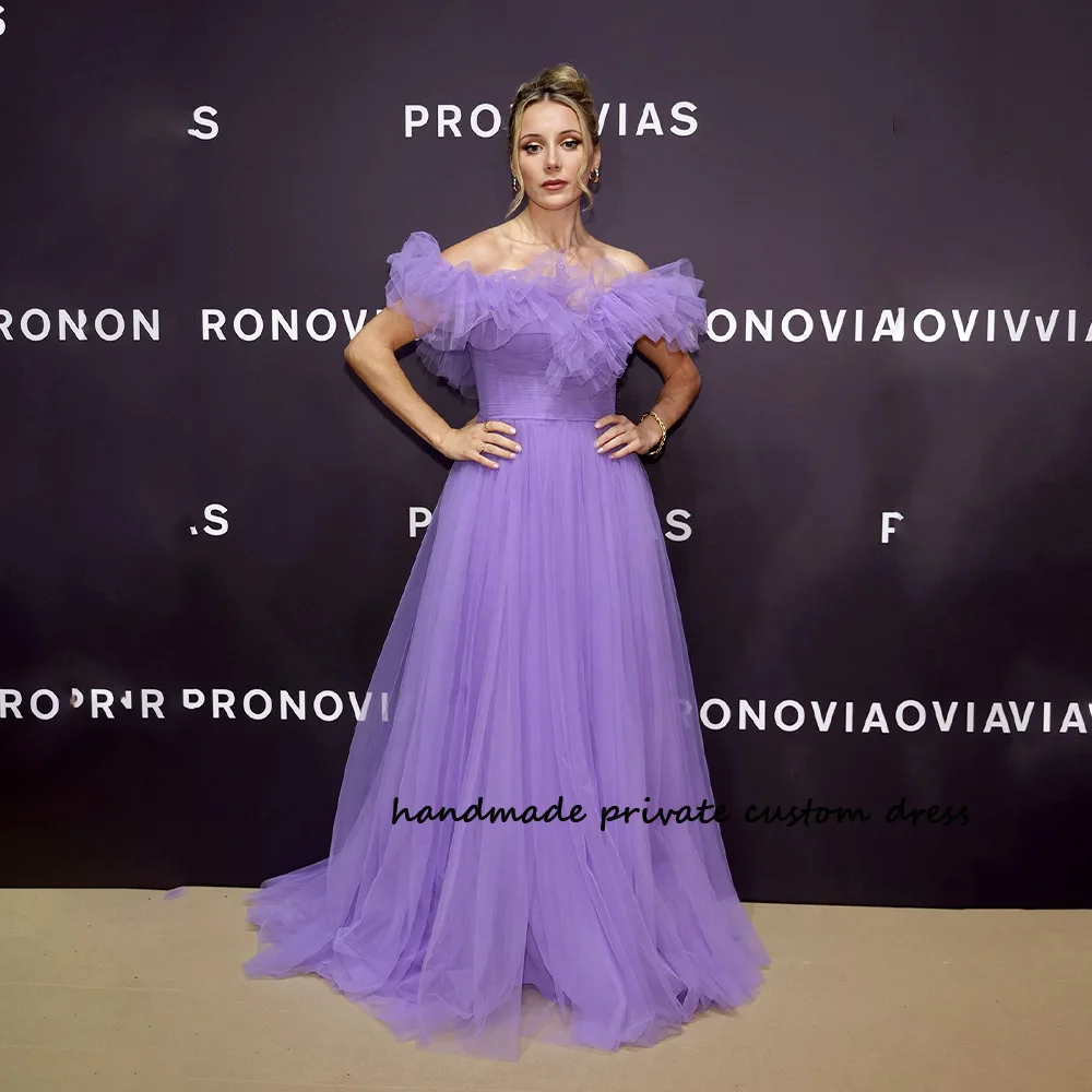 

Lavender Tulle Off Shoulder Evening Party Dresses Long A Line Celebrate Occasion Dress Back Zipper Formal Prom Party Gowns