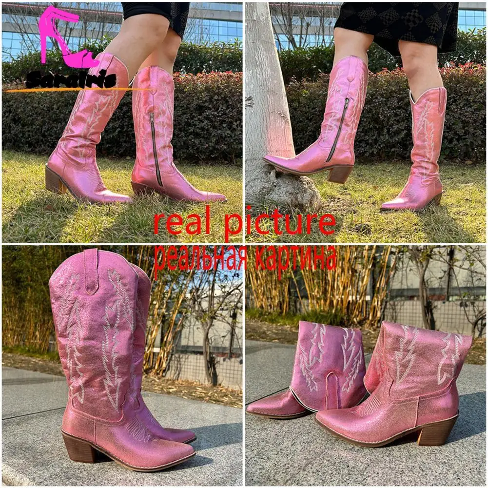Western Boots For Women 2023 Shiny Pink Zip Embroidery Cowboy Boots Autumn Winter Cowgirl Mid Calf Boots Great Quality Boots