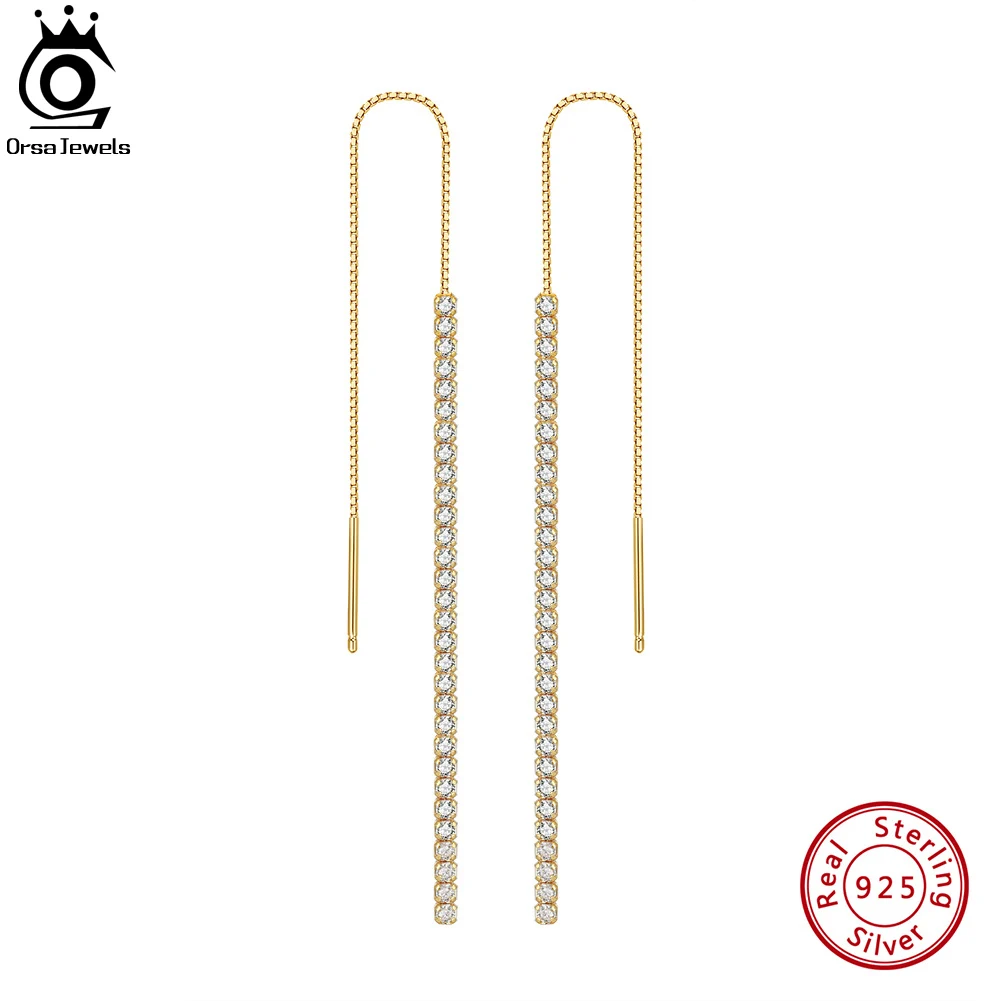 

ORSA JEWELS 925 Sterling Silver Minimalism Dangle Long Chains Earrings for Women Simple CZ Drop Earings Jewelry Gifts SE111