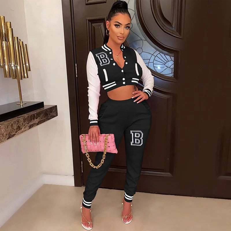 

Костюм спортивный женский бейсбольный из двух предметов, укороченная куртка-бомбер на пуговицах, с длинным рукавом и штаны, с надписью B, костюм для бега