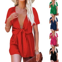 2022 summer new womens casual shorts solid color deep v lace loose short sleeved jumpsuit