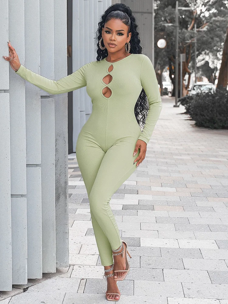 Ladies Sexy Club Wear Y2K Hollow Out Long Sleeve Ribbed Bodycon Zipper Skinny Jumpsuit Women 2022 Sporty Streetwear Solid Romper