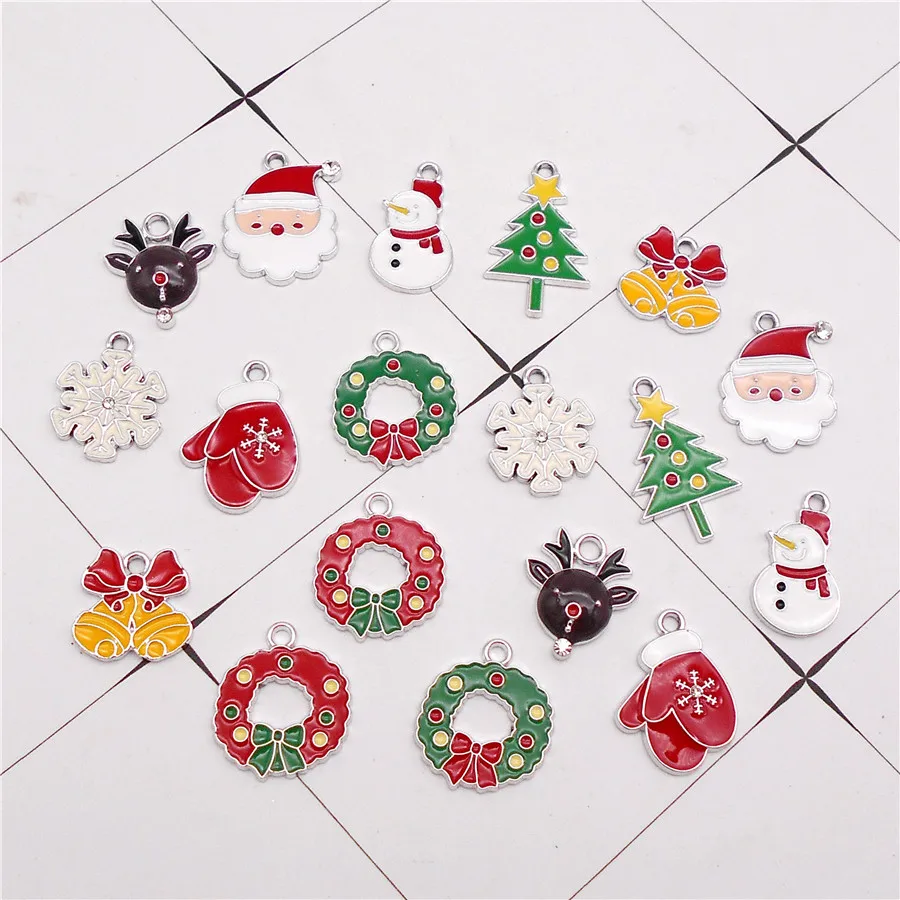 

9PCS Enamel Christmas Charms Mixed Santa Deer Tree Bell Snowman Snowflake Wreath Pendant Necklace Bracelet Jewelry Accessory