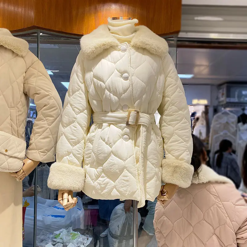 2022 White Lace Up Waist Korean Style Loose Long Winter Down Coat Women Long Female Chic  Argyle Jackets Buttons Padded Clothes