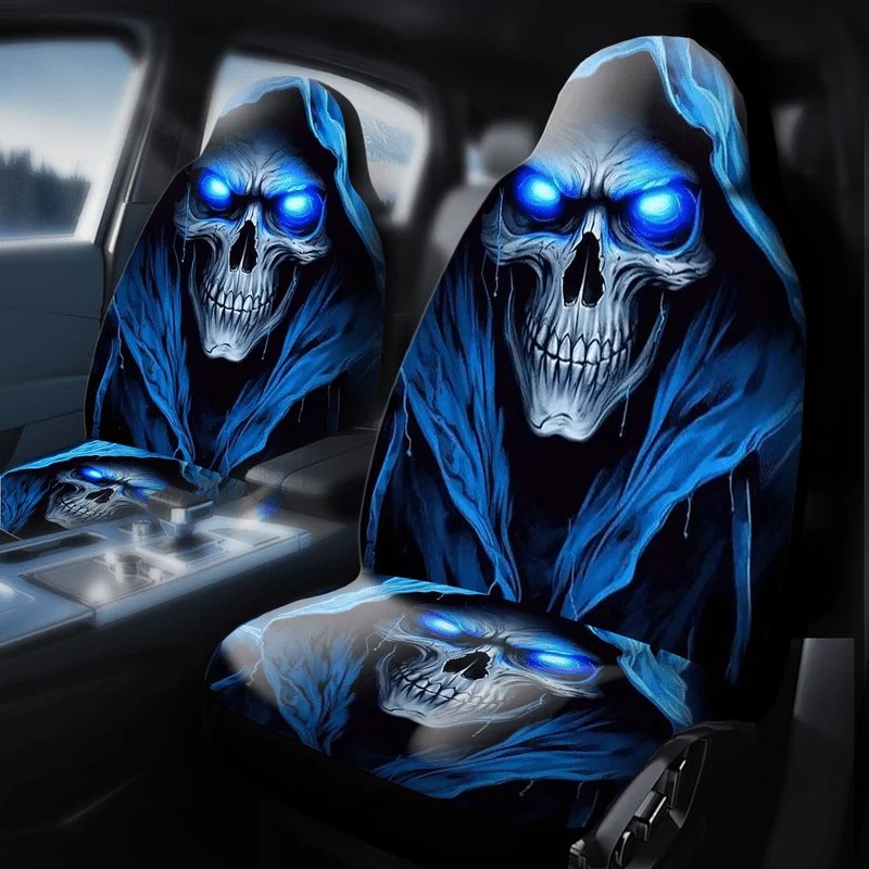 

2 шт. Чехлы на автомобильные сиденья с принтом черепа — подходят для автомобилей, внедорожников, седанов, грузовиков — прочный полиэстер, можно стирать в машине — стильный синий и белый цвет