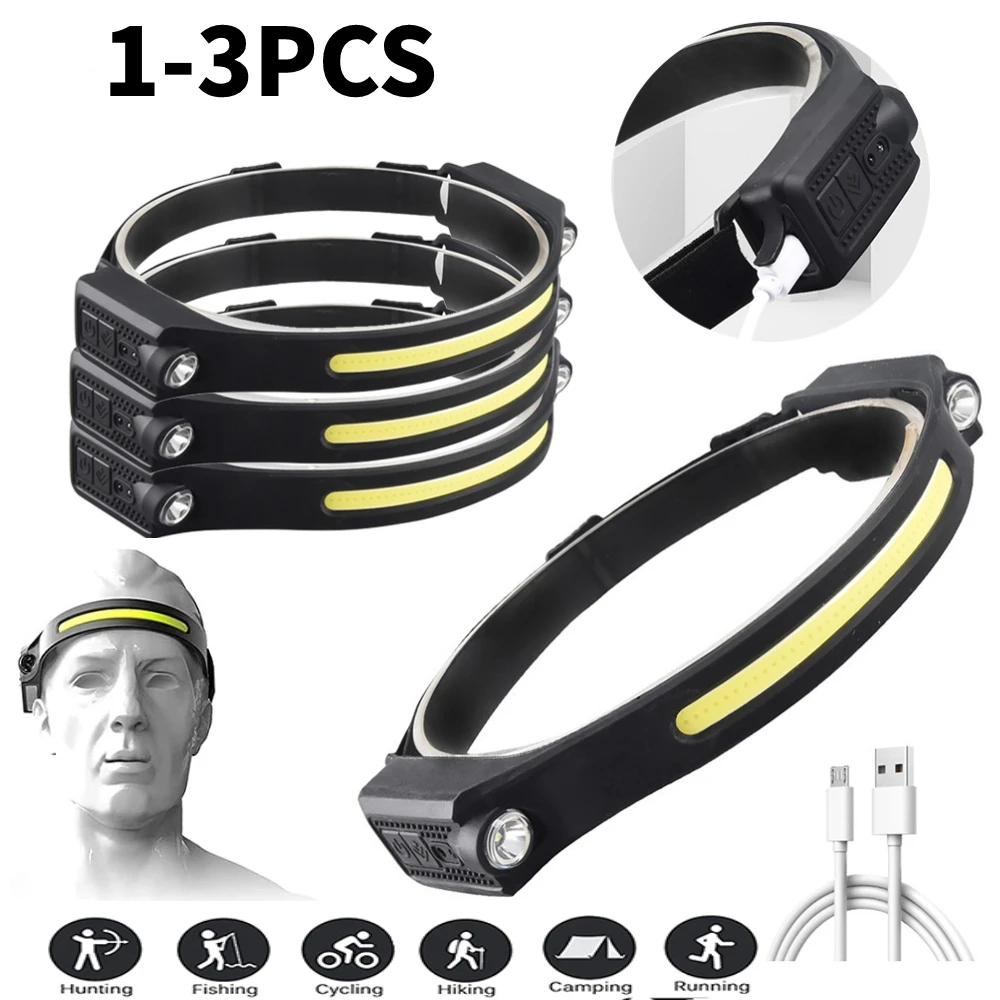 

1-3PCS Induction Headlamp COB LED Head Lamp USB Rechargeable Flashlight 4 Modes Lighting Work Head Torch Strong Light Headlamp