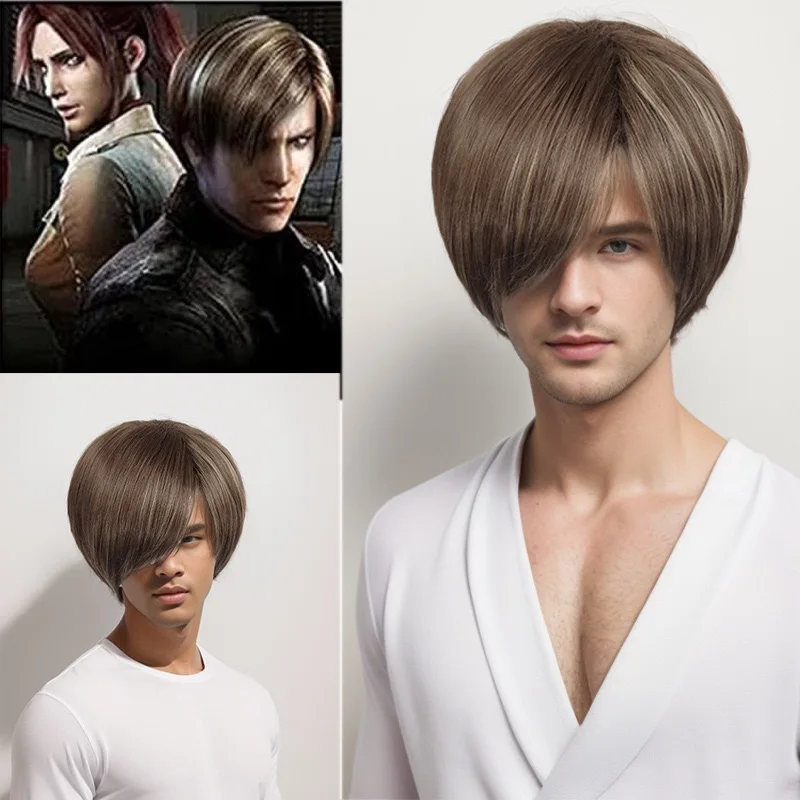 Leon Scott Kennedy brązowa peruka do cosplay krótka kostiumowa dla unisex syntetyczne termostatyczne akcesoria na Hall...