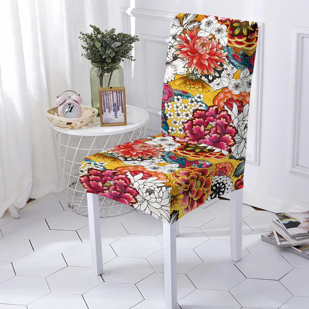 

3D Print Seat Chair Cover Colorful Floral Dining Chair Cover For Wedding Banquet Decor Polyester Chair Cover Universal Size