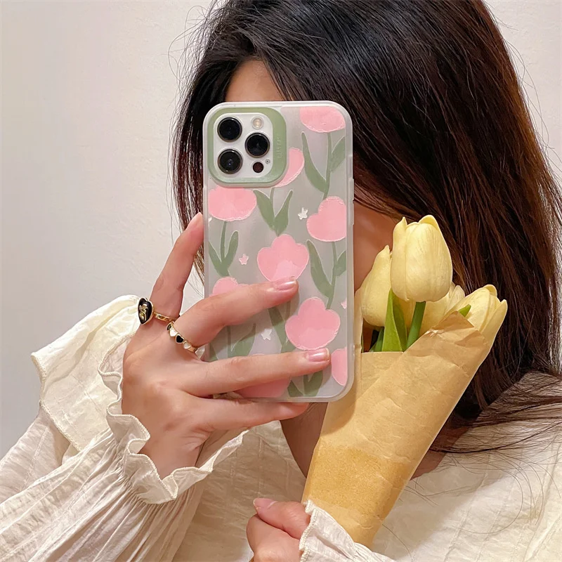 

Korean Style Sweet Cute Full Screen Green Leaves Pink Tulips Soft Anti-fall For iphone 11 12 13 Pro Max XR X Xs Max Phone Case