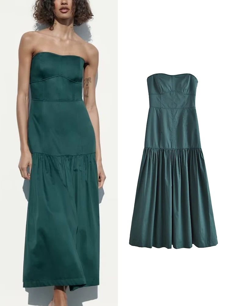 

TRAF Summer Women Strapless Long Dress 2023 New Solid Thread Stitching Decorative Patchwork Tight Sexy&Club Chest Wrap Dress