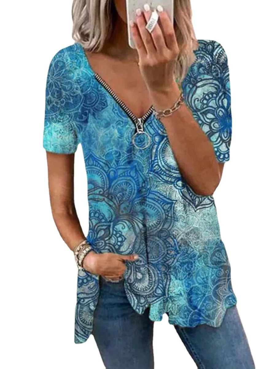 

European and American New Sexy V-neck Short-sleeve Printed T-shirt Thirt Shirt Femme بلوزات صيفية للنساء 2022